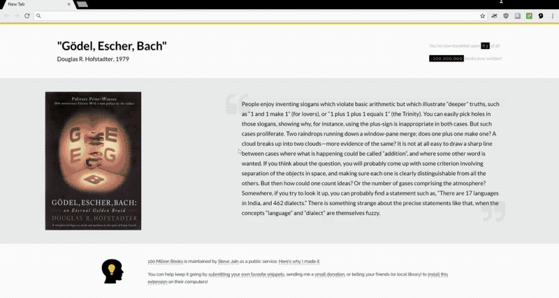 100 Million Books Chrome extension displays a random book every time you open a new tab