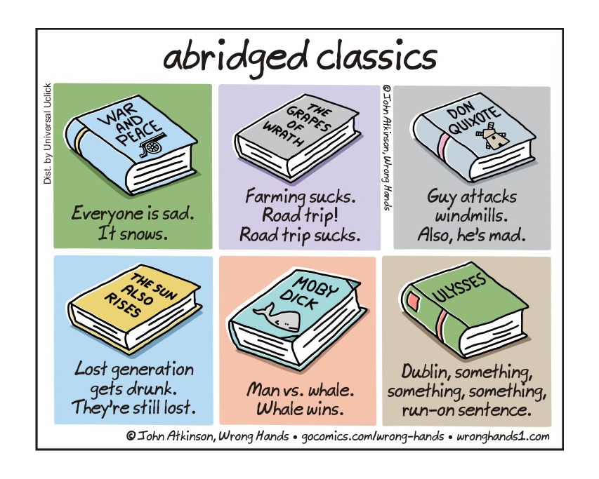 Abridged classic novels for people who dont have time - a cartoon by John Atkinson