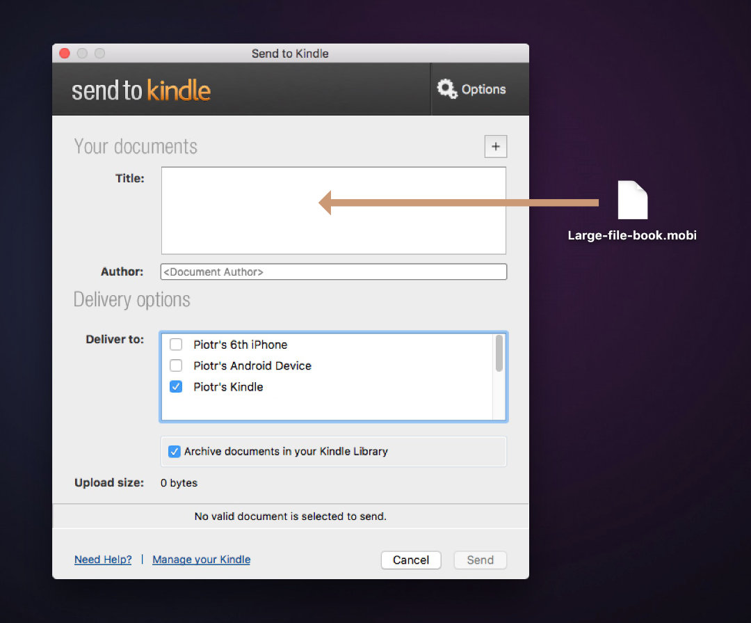 Add large files to Kindle e reader - use the Send to Kindle application