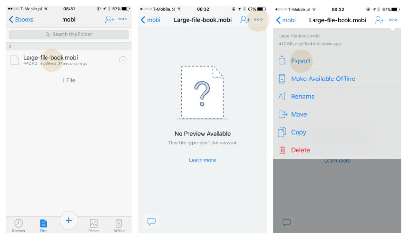 Adding large file to Kindle iOS using Dropbox app