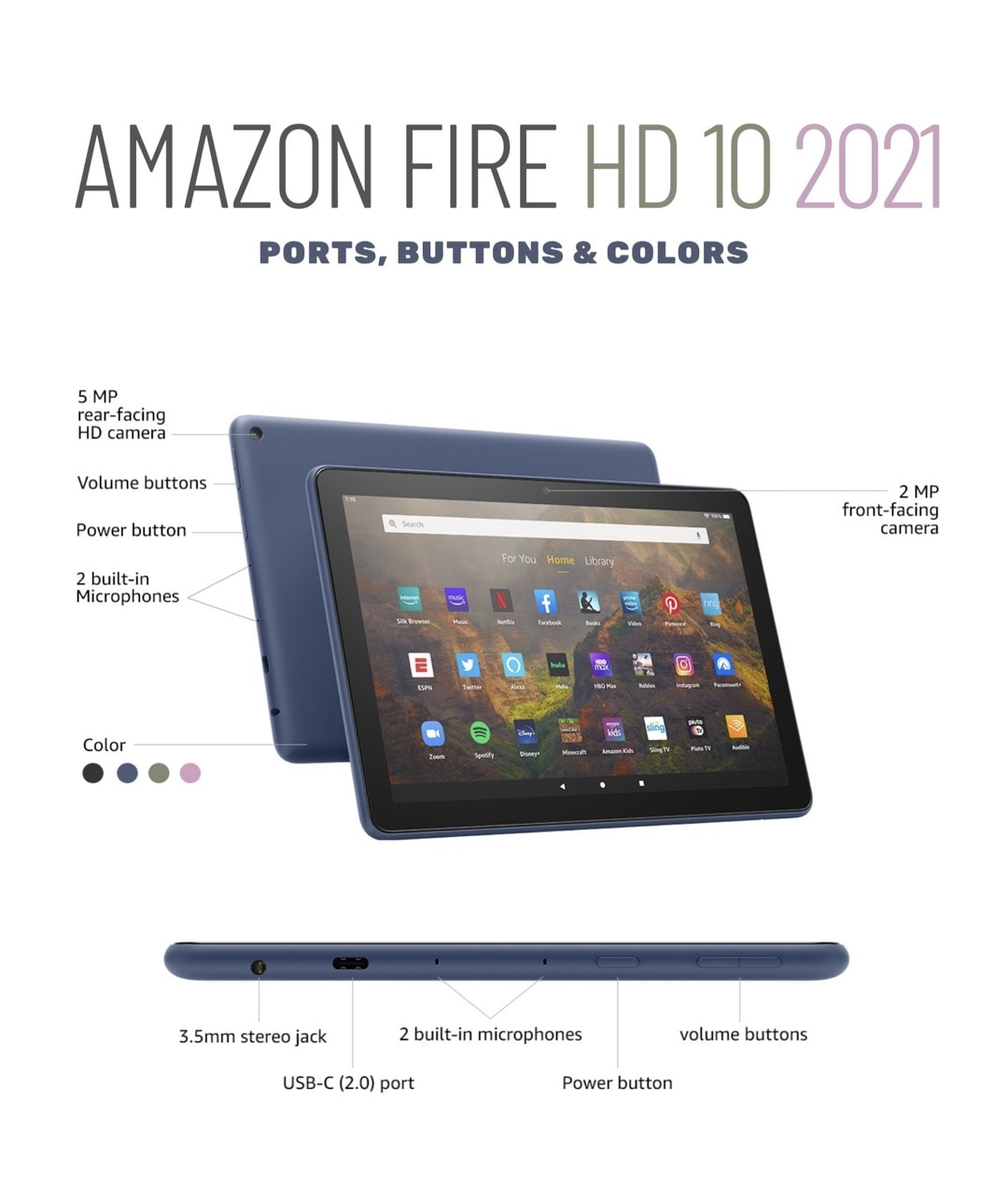 Amazon Fire HD 10 2021 ports buttons and colors