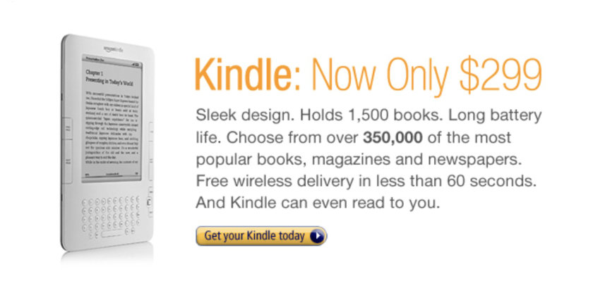 An ad for the 2nd-generation Kindle on the front page of Kindle Store, September 2009