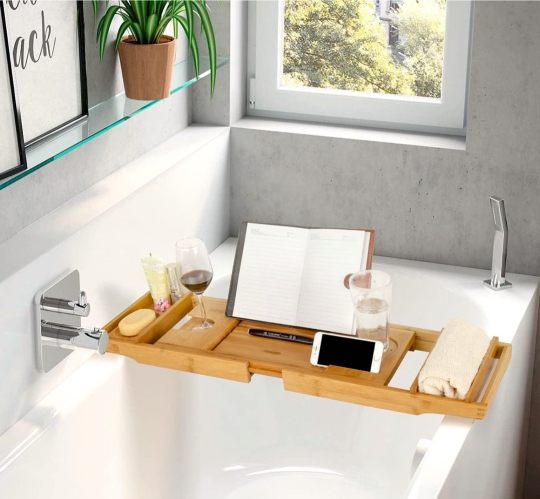 Bamboo bathtub holder with reading stand