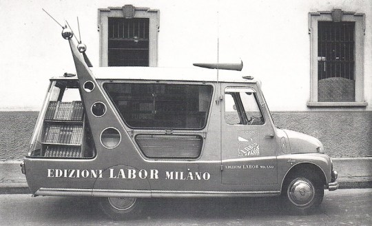 Bookmobile and promotional vehicle of Edizioni Labor Milano publishing house, 1953