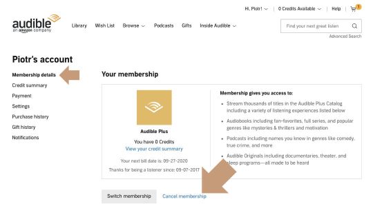 Cancel Audible Plus membership step 1 - go to account
