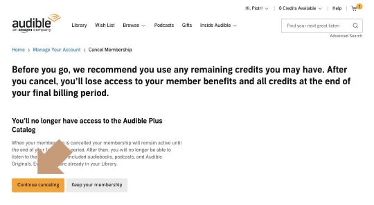 Cancel Audible Plus membership step 2 - alert message