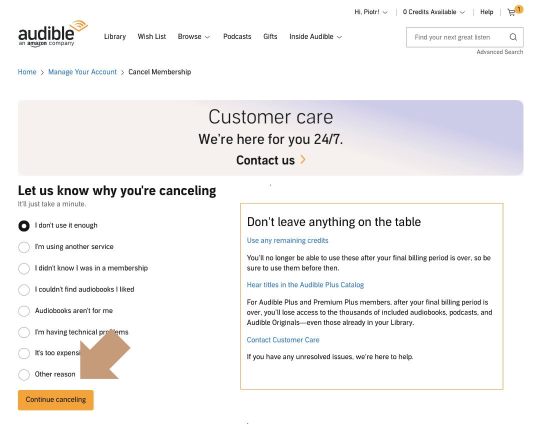 Cancel Audible Plus membership step 3 - customer care