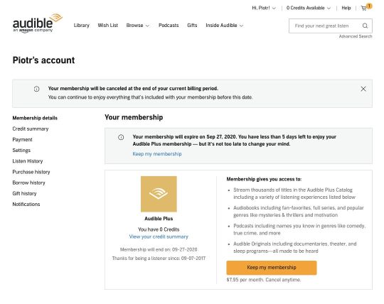 Cancel Audible Plus membership step 5 - confirmation