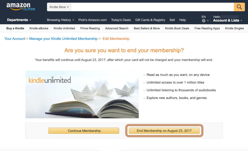 Cancel Kindle Unlimited - confirm cancellation of Kindle Unlimited membership