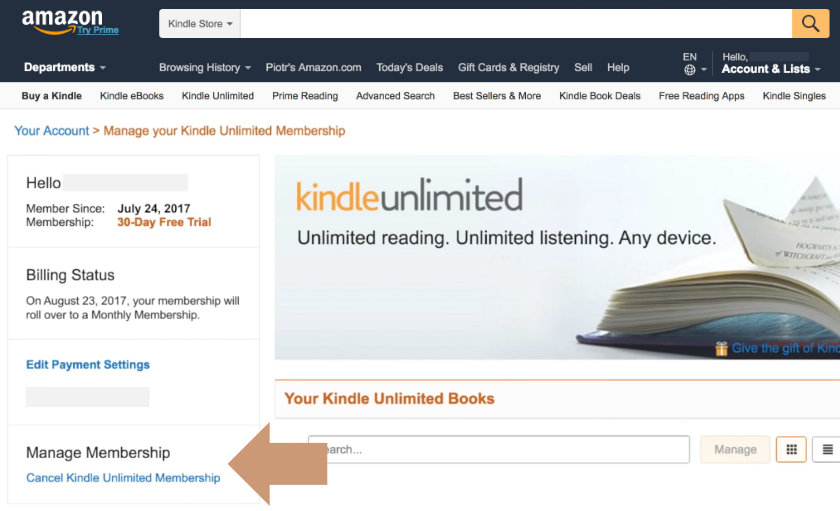 Cancel Kindle Unlimited - select Manage Membership