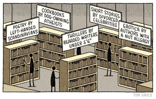 Exploring the library - a cartoon by Tom Gauld