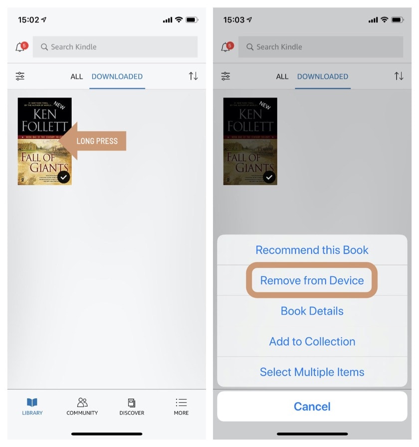 How to remove a book from Kindle app for iPad and iPhone