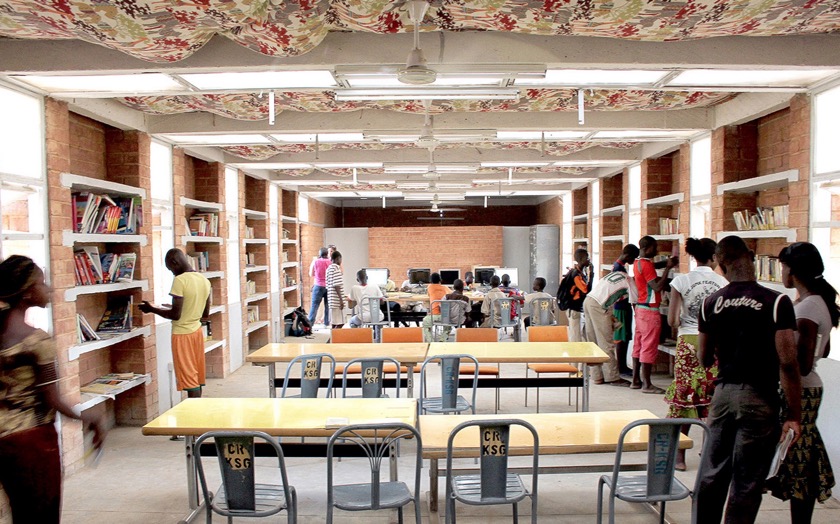 Katiou Library - the bookshelves are the part of the wall liberating more space