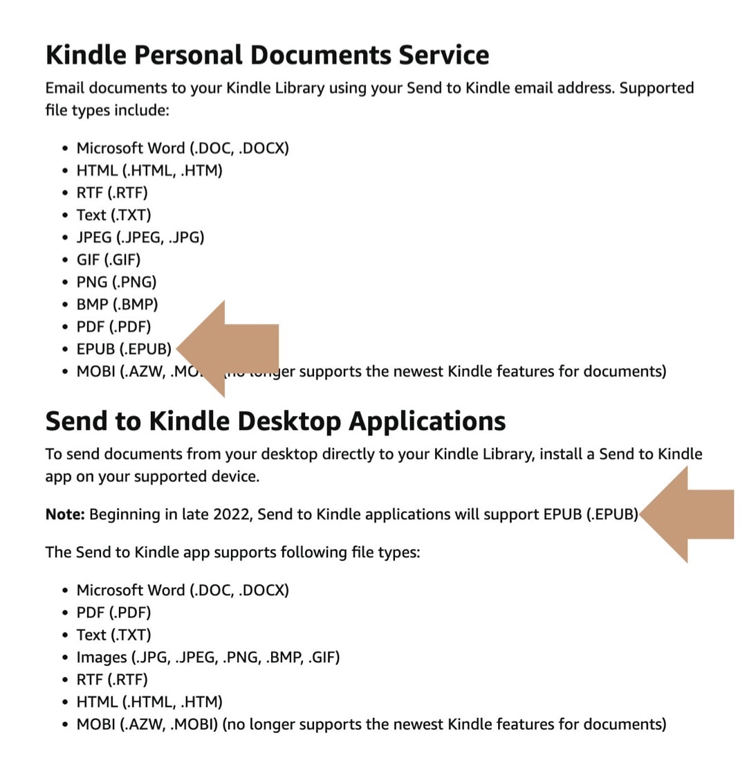 Kindle epub file support timeline