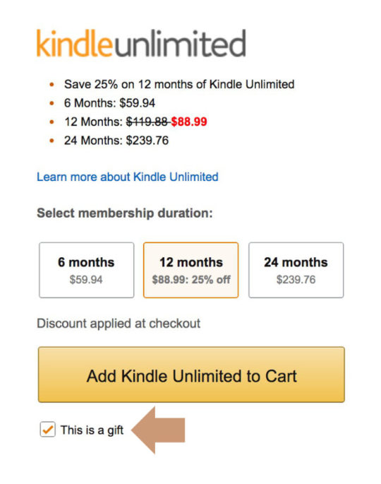 Kindle Unlimited deal for December 2016 is available as a gift