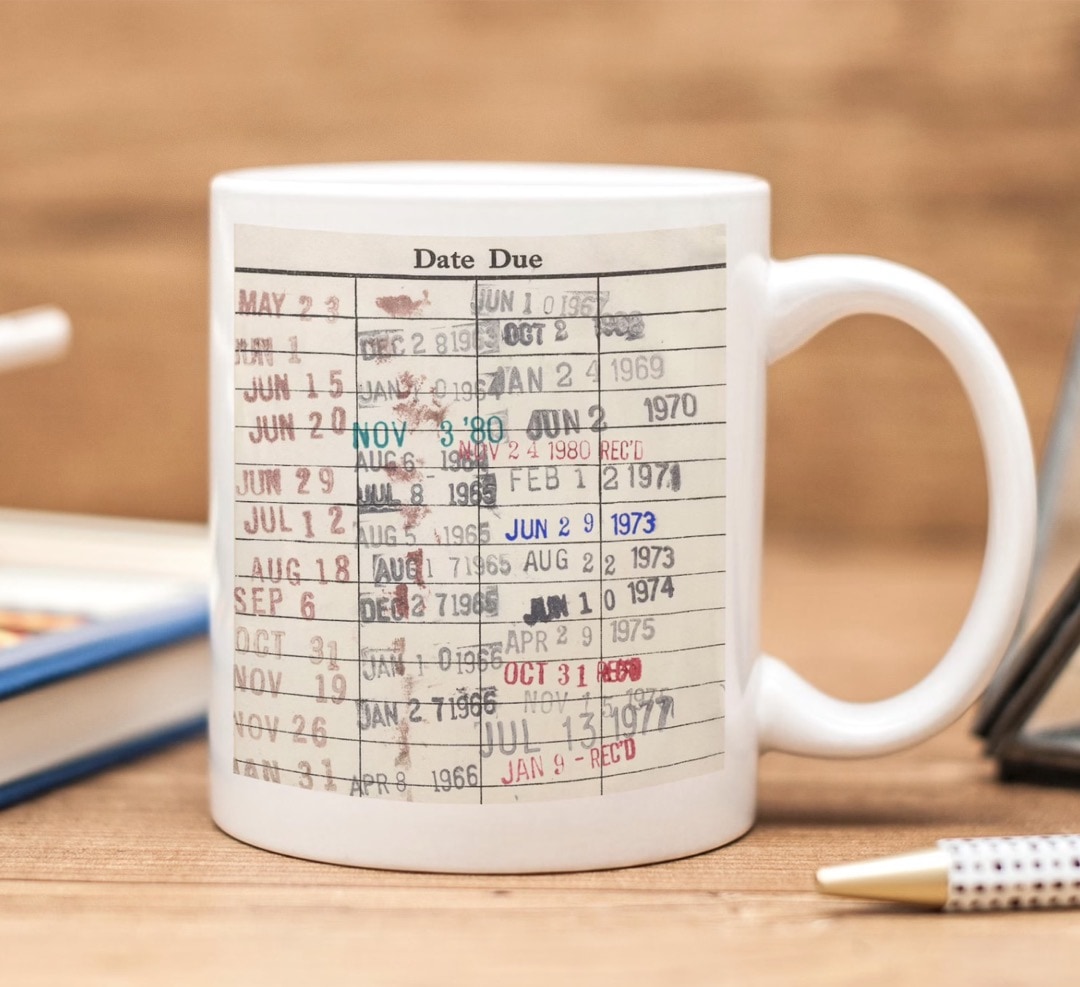 Library due date card coffee mug