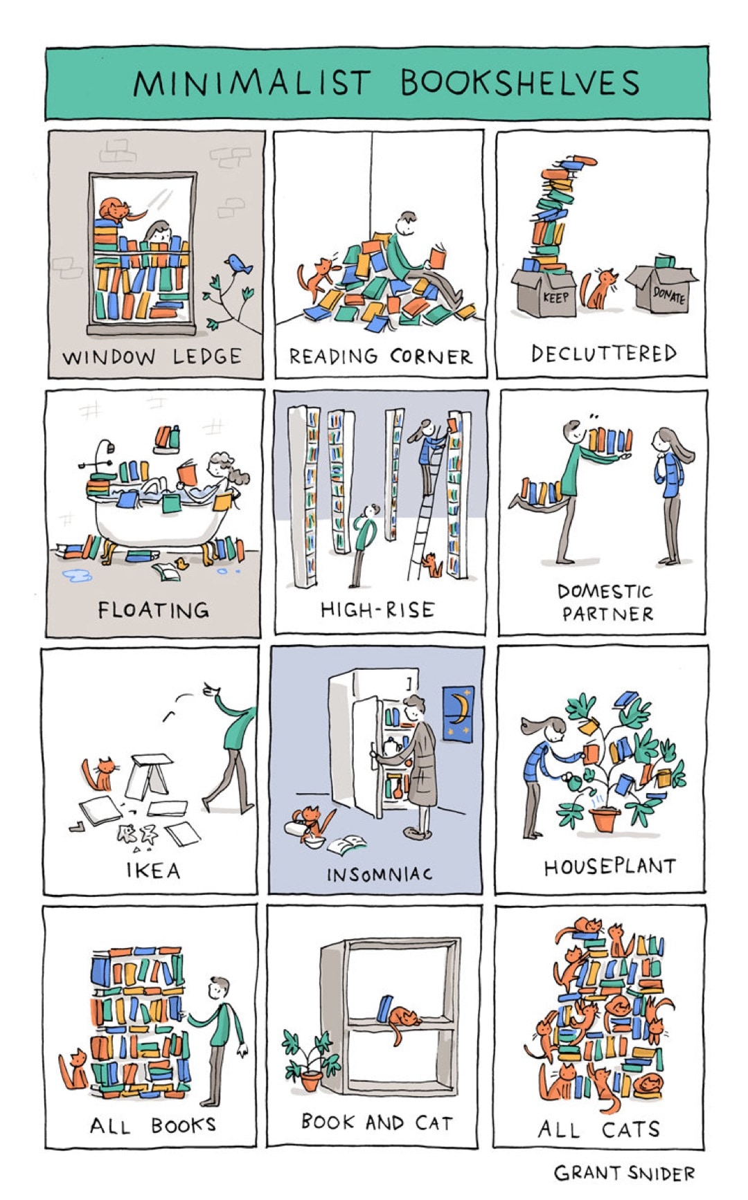 Minimalist Bookshelves by Grant Snider - best cartoons about books