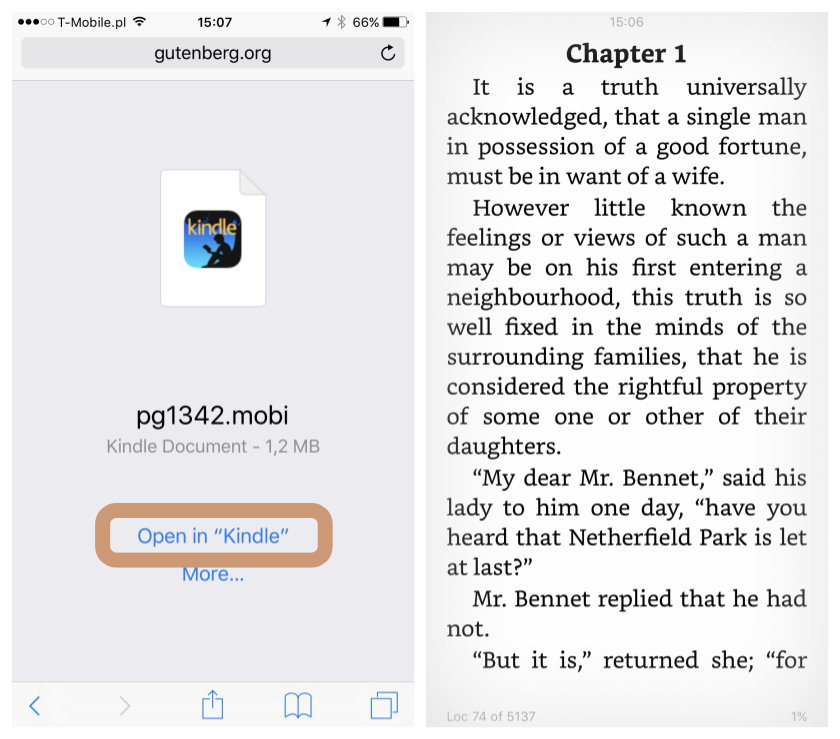 Open the ebook file with Kindle app for iPad and iPhone