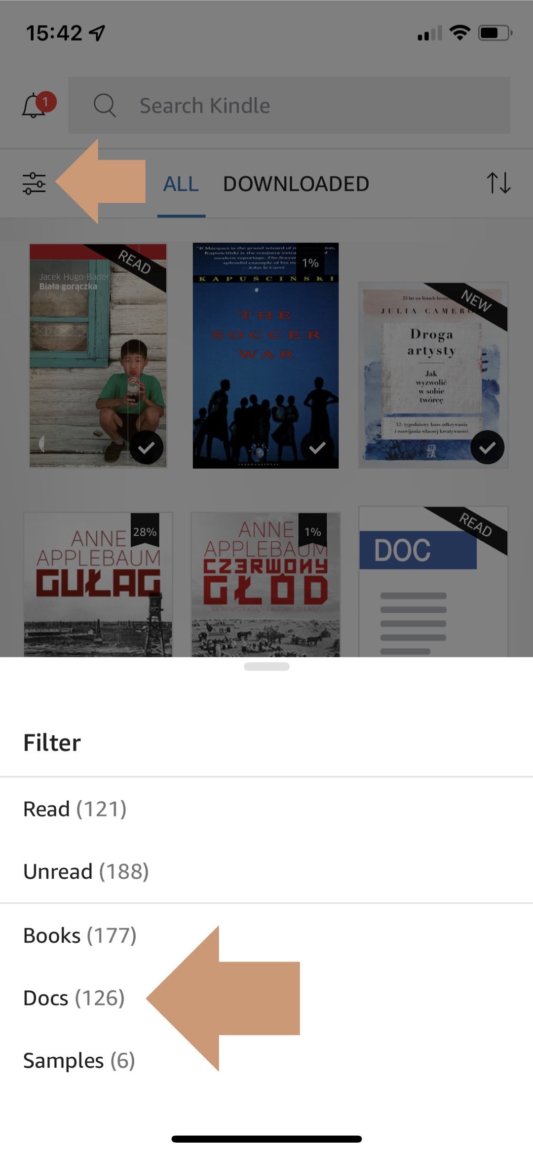 Own books are called Docs in Kindle app