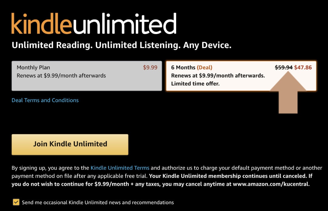 Personalized Kindle Unlimited deal offer