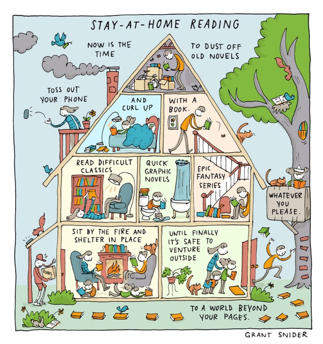 Stay-at-home Reading by Grant Snider - best cartoons about reading