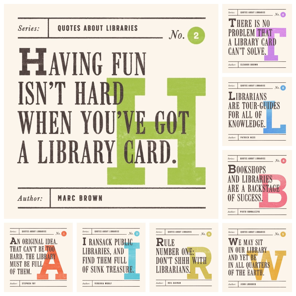 Quotes for library walls, inspired by retro book design